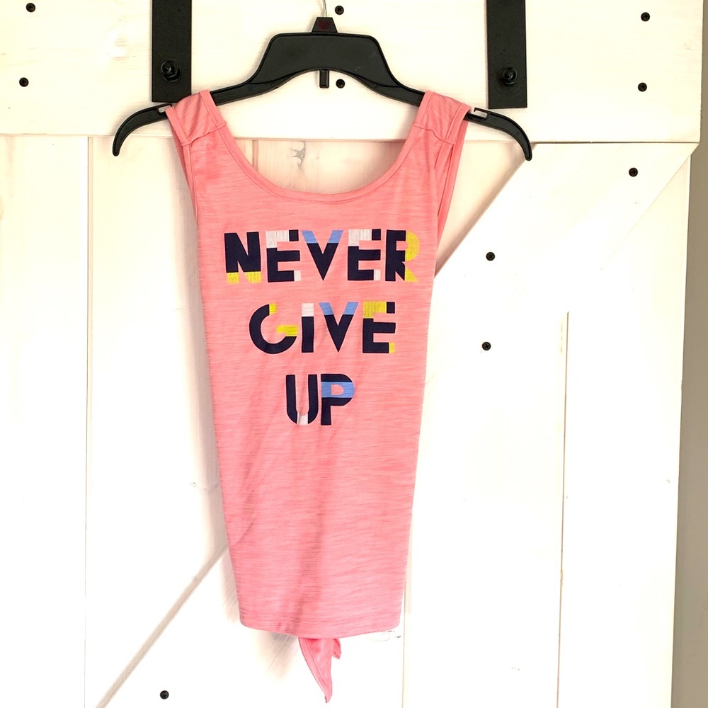 Women’s Pink Athletic Sleeveless Never Give Up Tank Tie in Back XS/S